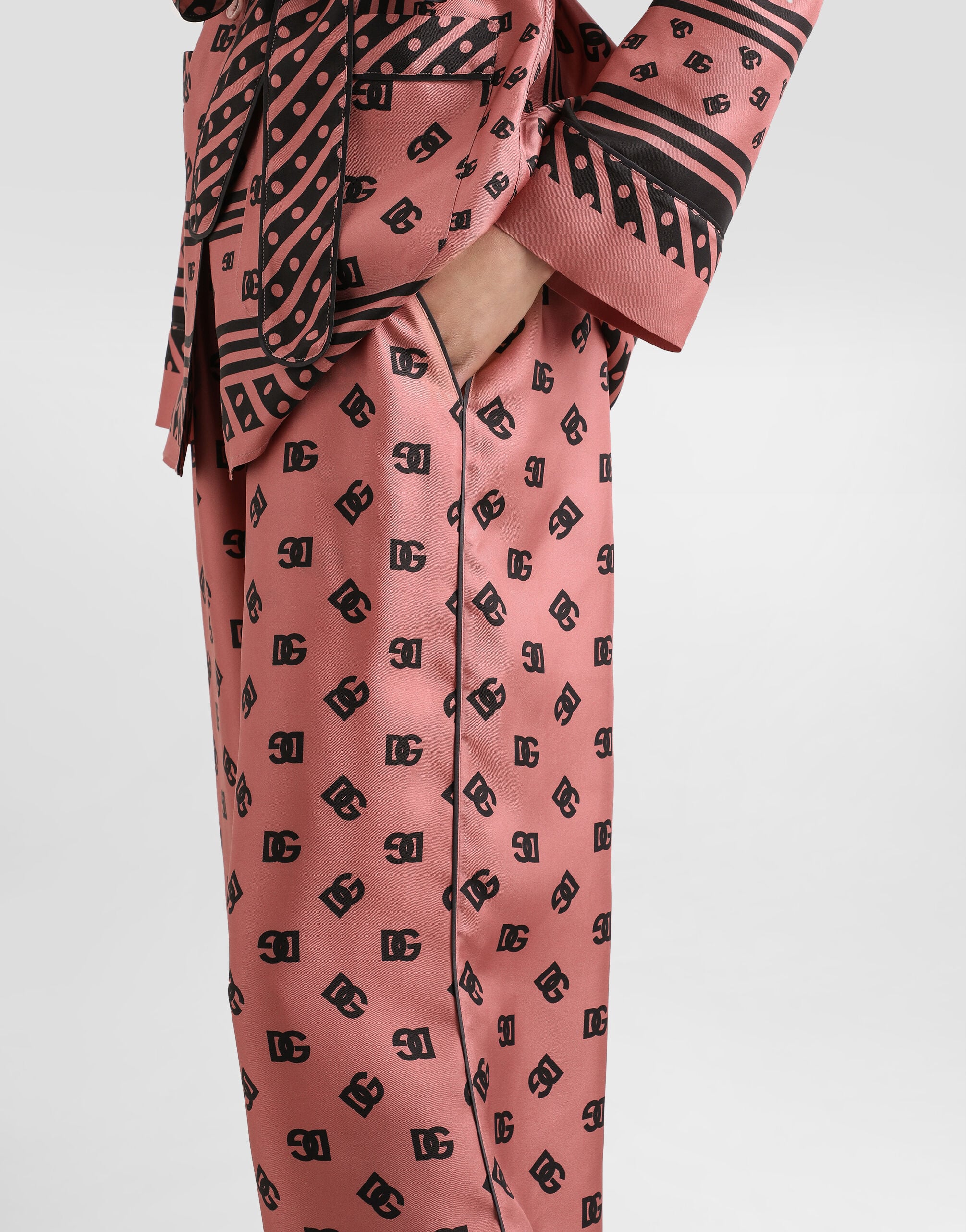 Silk satin jacquard pajama pants with all-over DG logo in Pink for