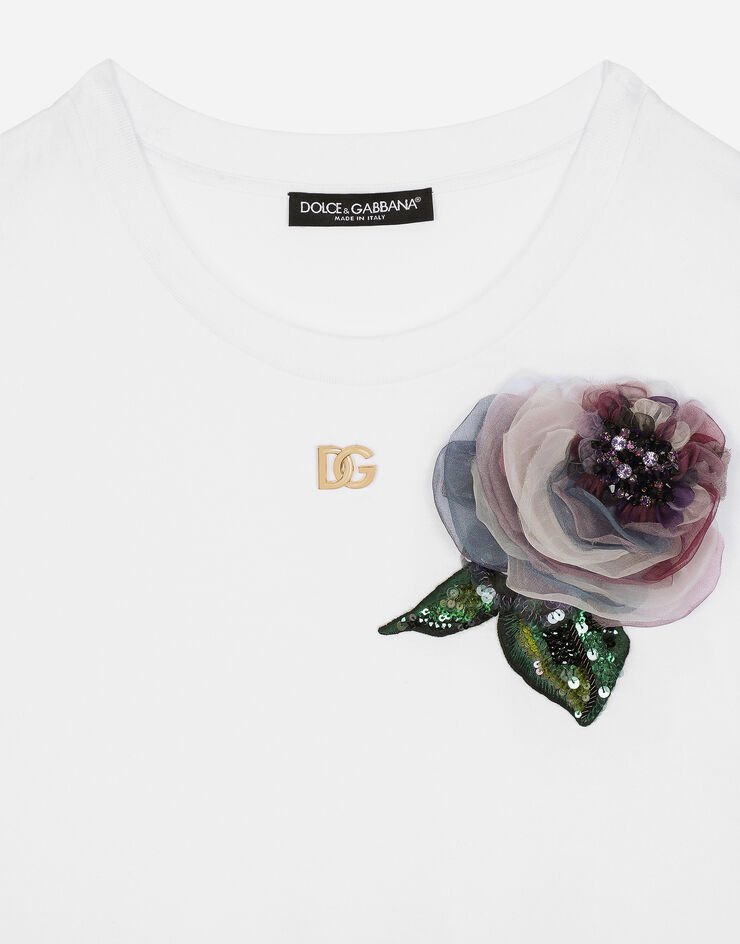 Cropped jersey T-shirt with flower appliqué in White for Women | Dolce ...