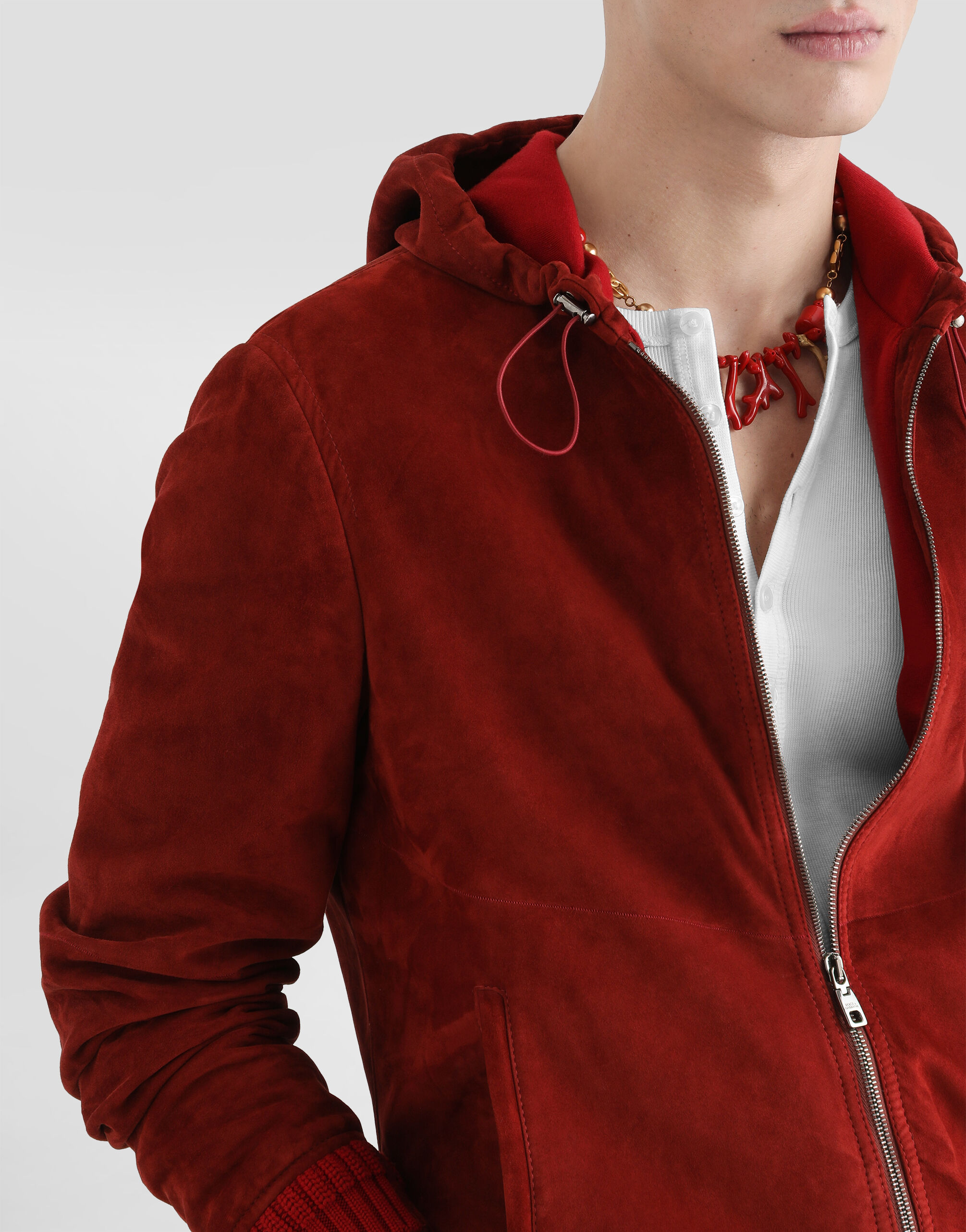 Suede hooded jacket with knit details