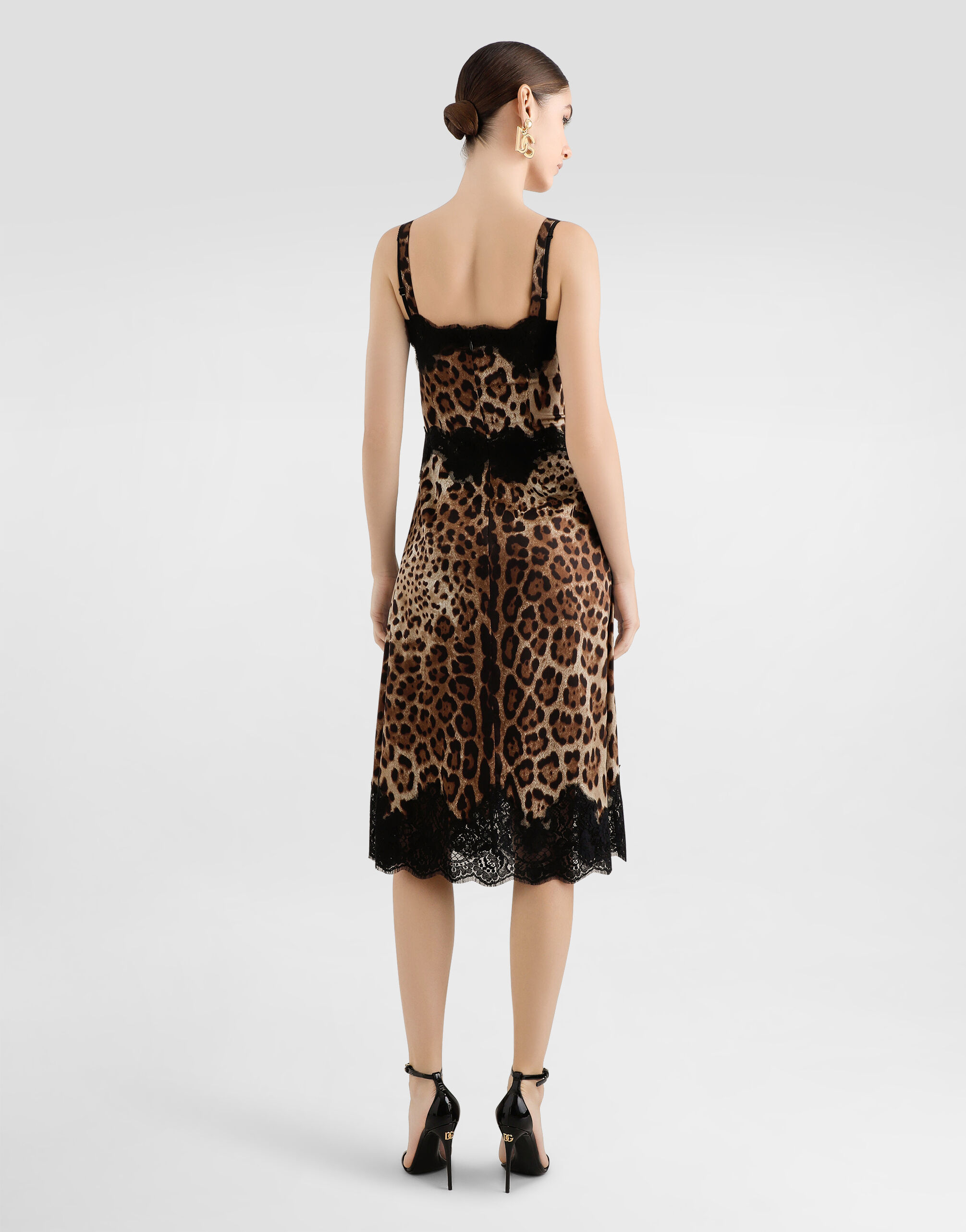 Leopard-print satin midi lingerie-style dress with lace trims in