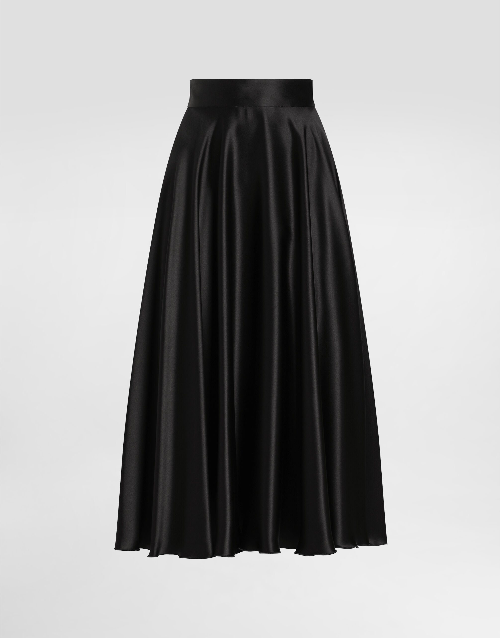 Silk satin calf-length circle skirt in Black for Women