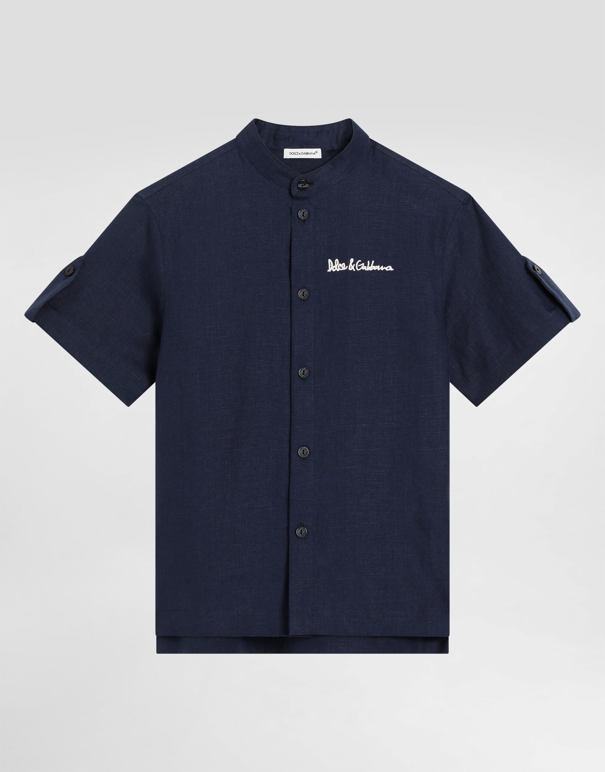 Non-stretch linen shirt with Dolce&Gabbana logo in Blue for Men