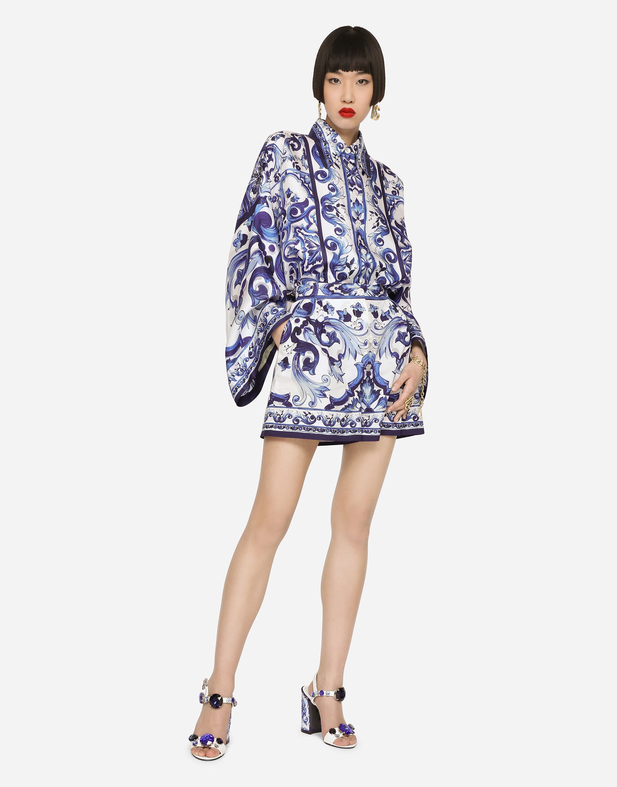 Majolica-print twill shirt with slits in Multicolor for