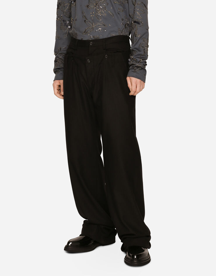 Dolce & Gabbana Pantalón de lana elástica con doble cinturilla Negro GV6UATGG616