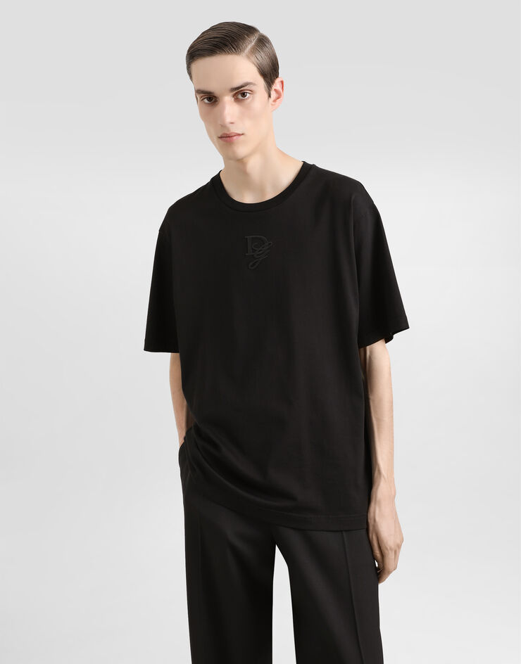 Dolce & Gabbana T-Shirt aus Baumwolle mit Logostickerei Schwarz G8PN9ZG7O4E