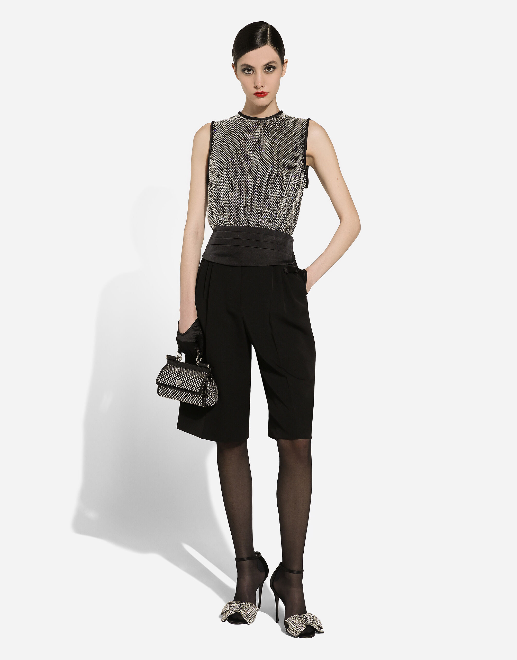 Wool gabardine tuxedo Bermuda shorts in Black for Women