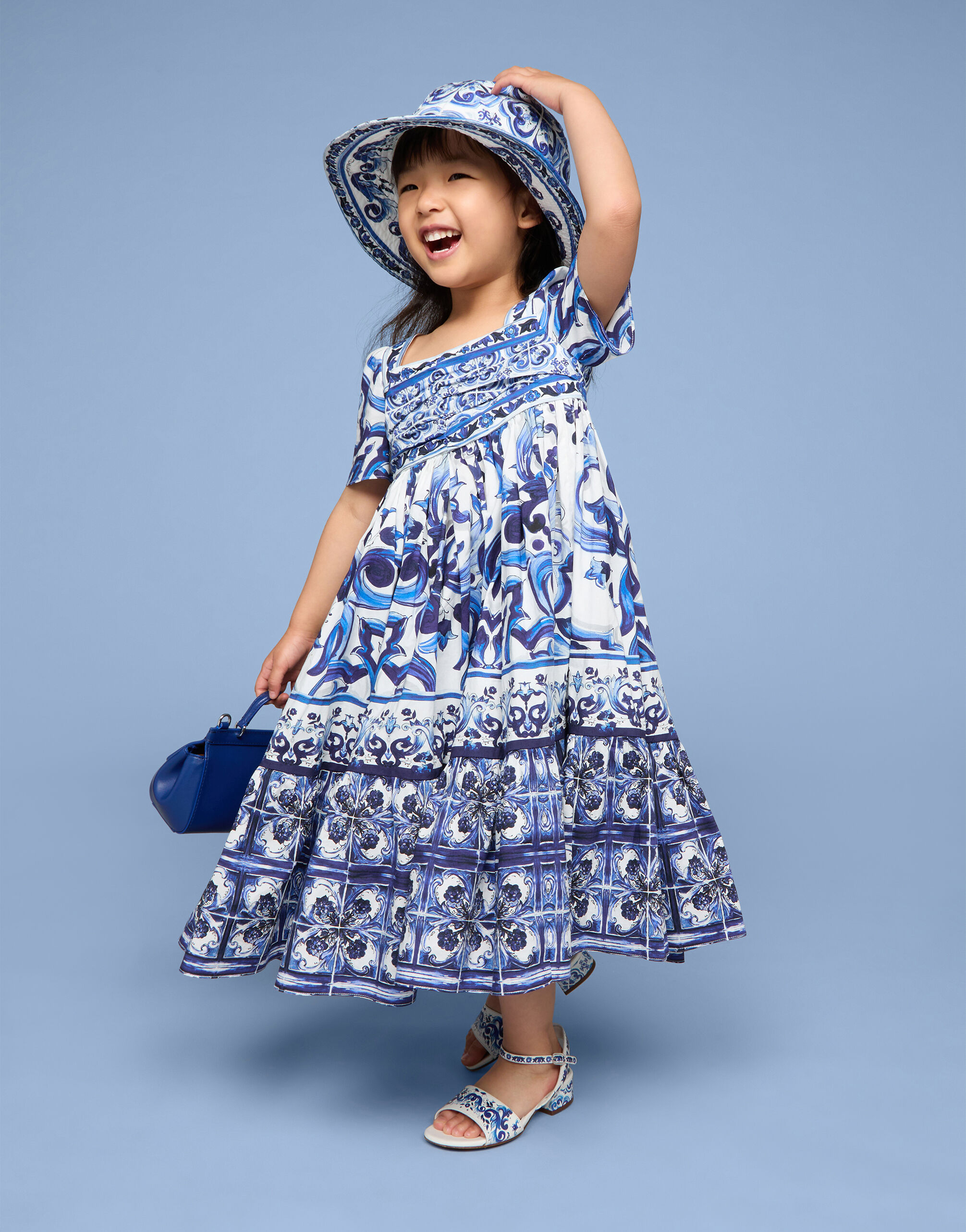 Abito lungo in popeline stampa maiolica in Multicolore da Bambina Dolce Gabbana