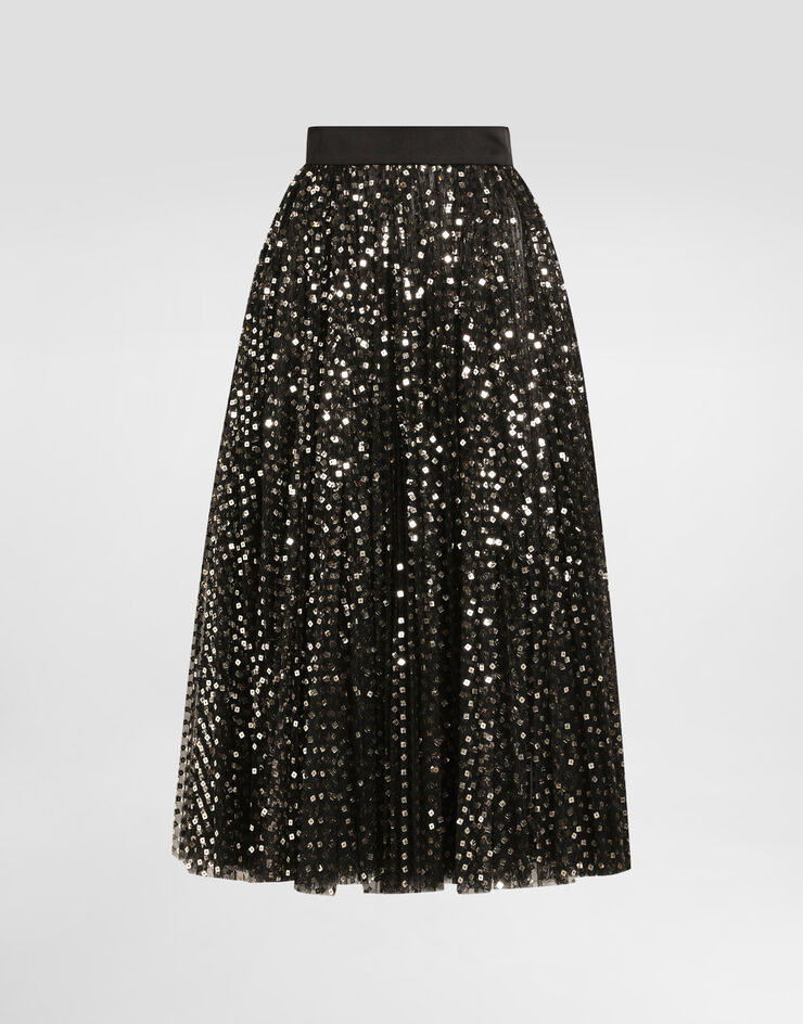 Dolce & Gabbana Jupe patineuse mi-longue en tulle avec micro paillettes brodées Doré F4C1FTFLSHD