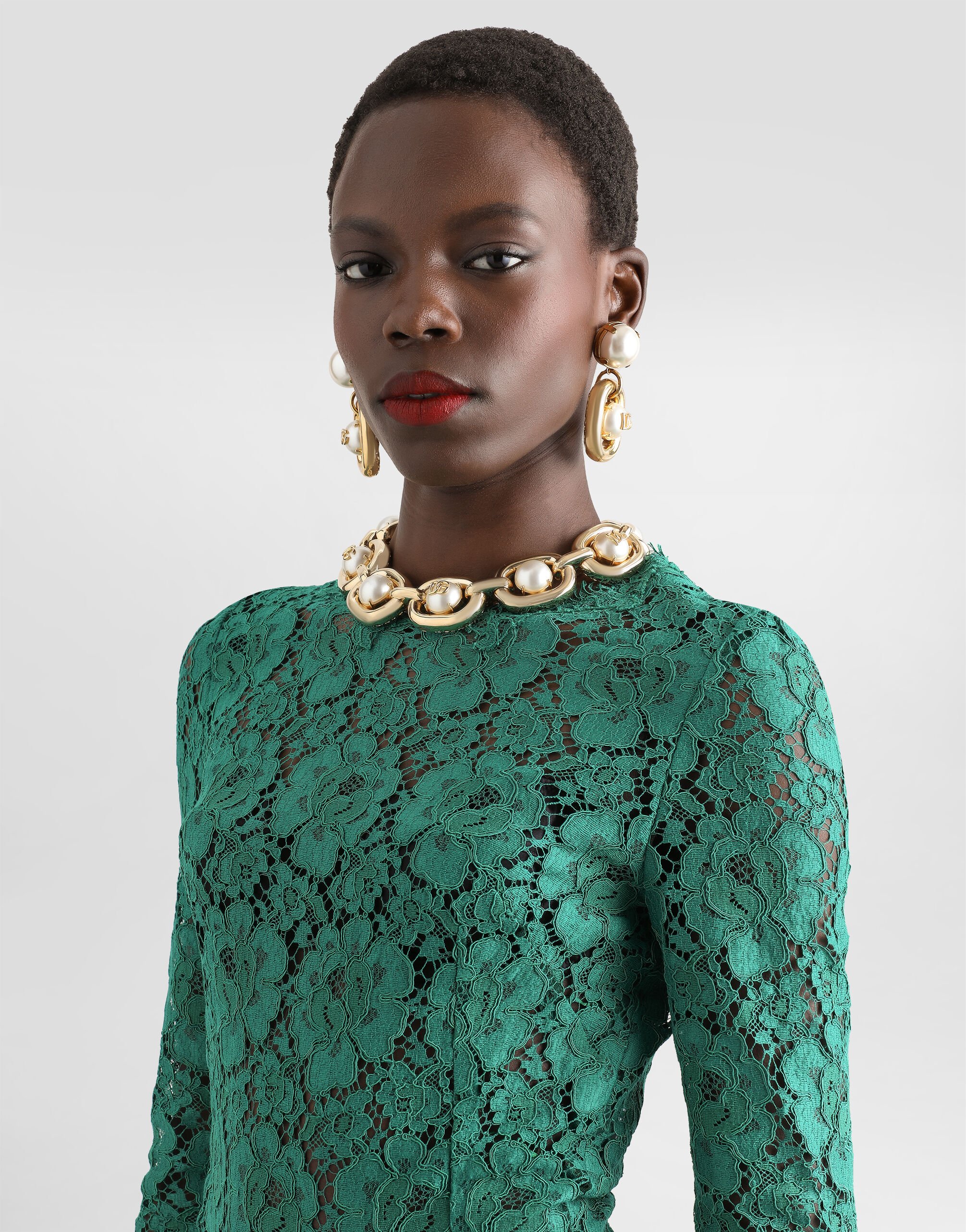 Long chiffon and lace dress in Green for Women