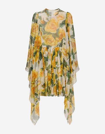 Dolce & Gabbana Short silk chiffon dress with yellow rose print Print F6AHOTHS5NK