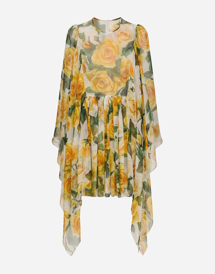 Dolce & Gabbana Kurzes Kleid aus Seidenchiffon Gelbe-Rosen-Print Drucken F6ASDTIS1P2