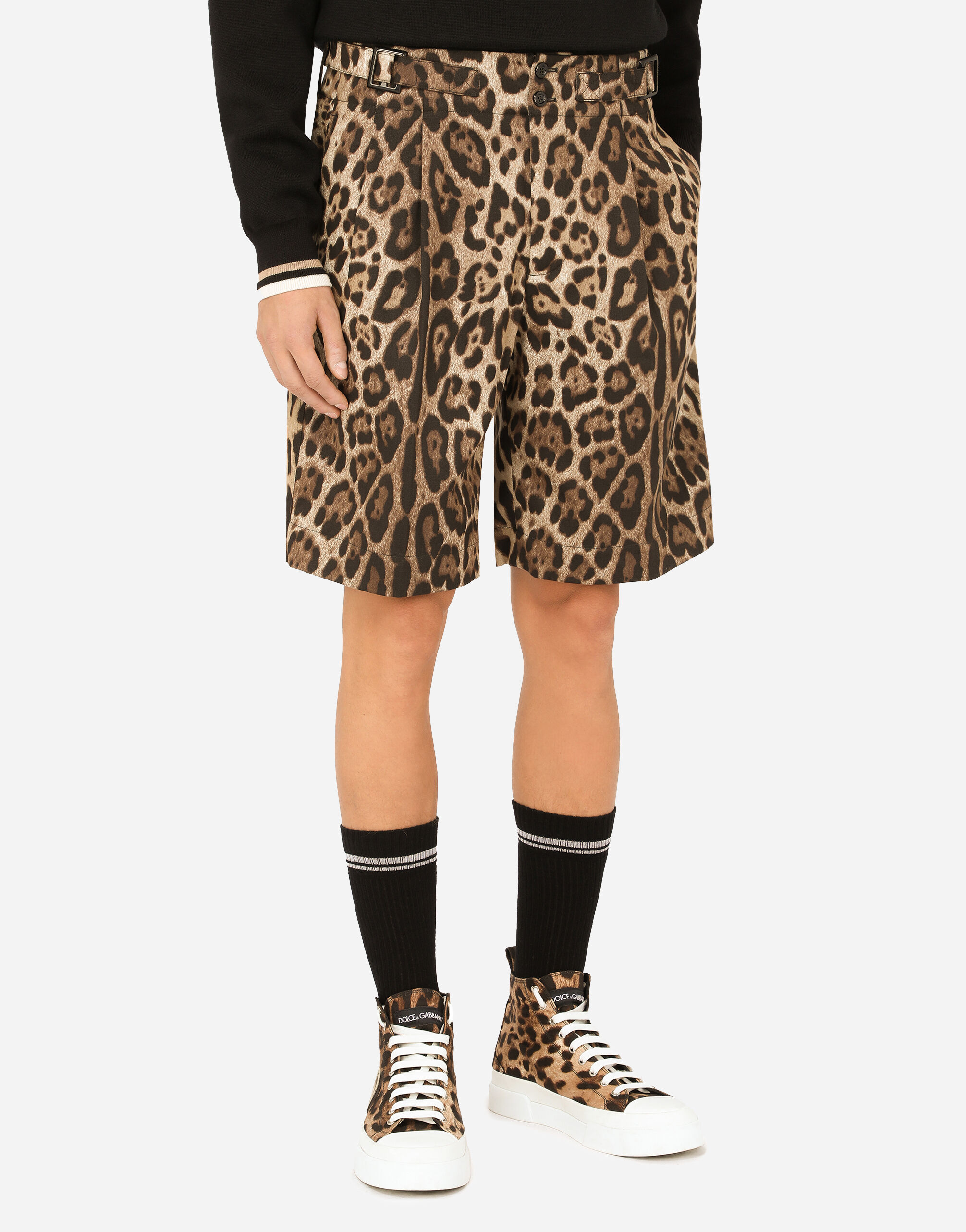 Stretch cotton bermuda shorts with leopard print