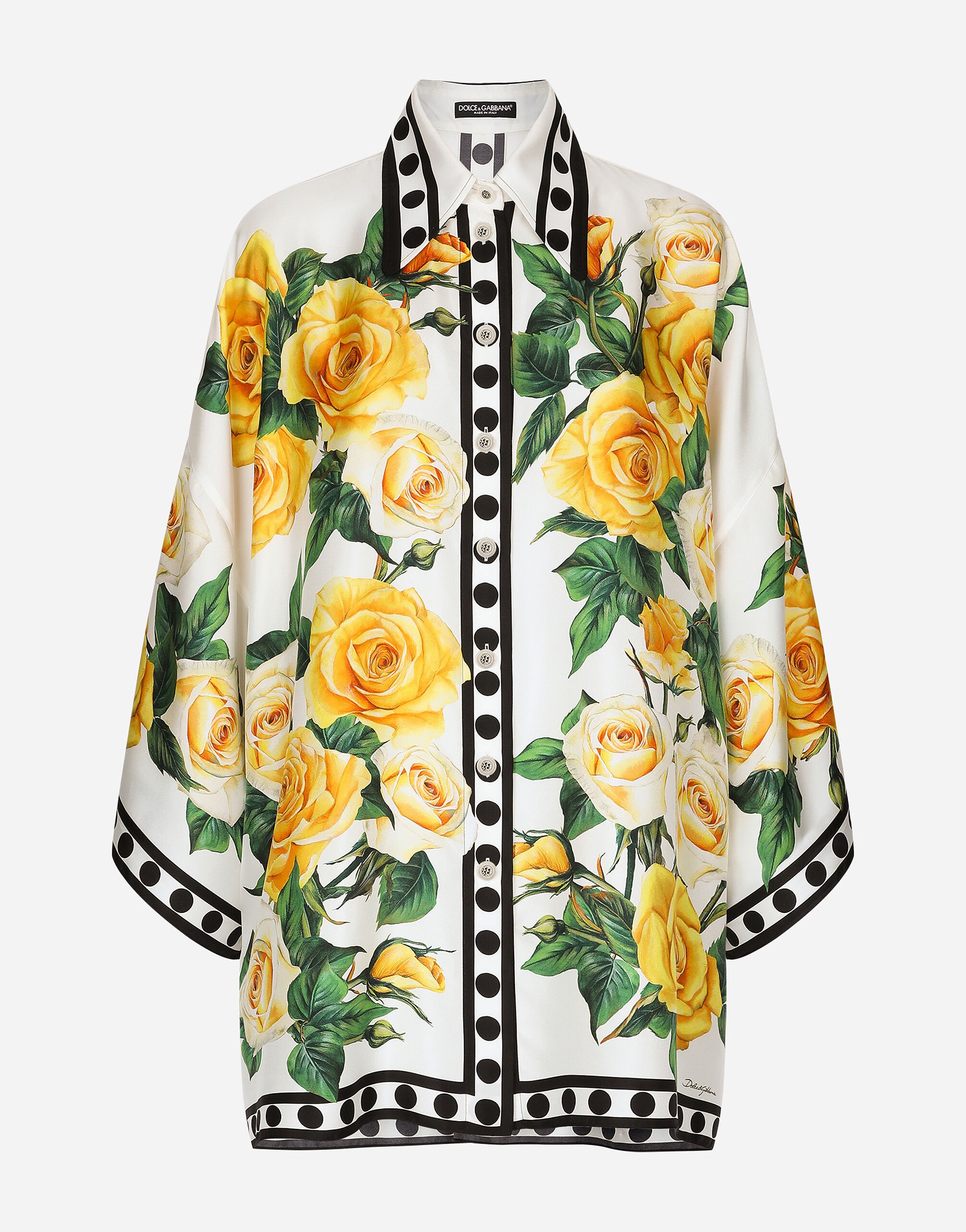 Dolce & Gabbana Oversize-Bluse aus Seide Gelbe-Rosen-Print Print F5Q08THS5Q0
