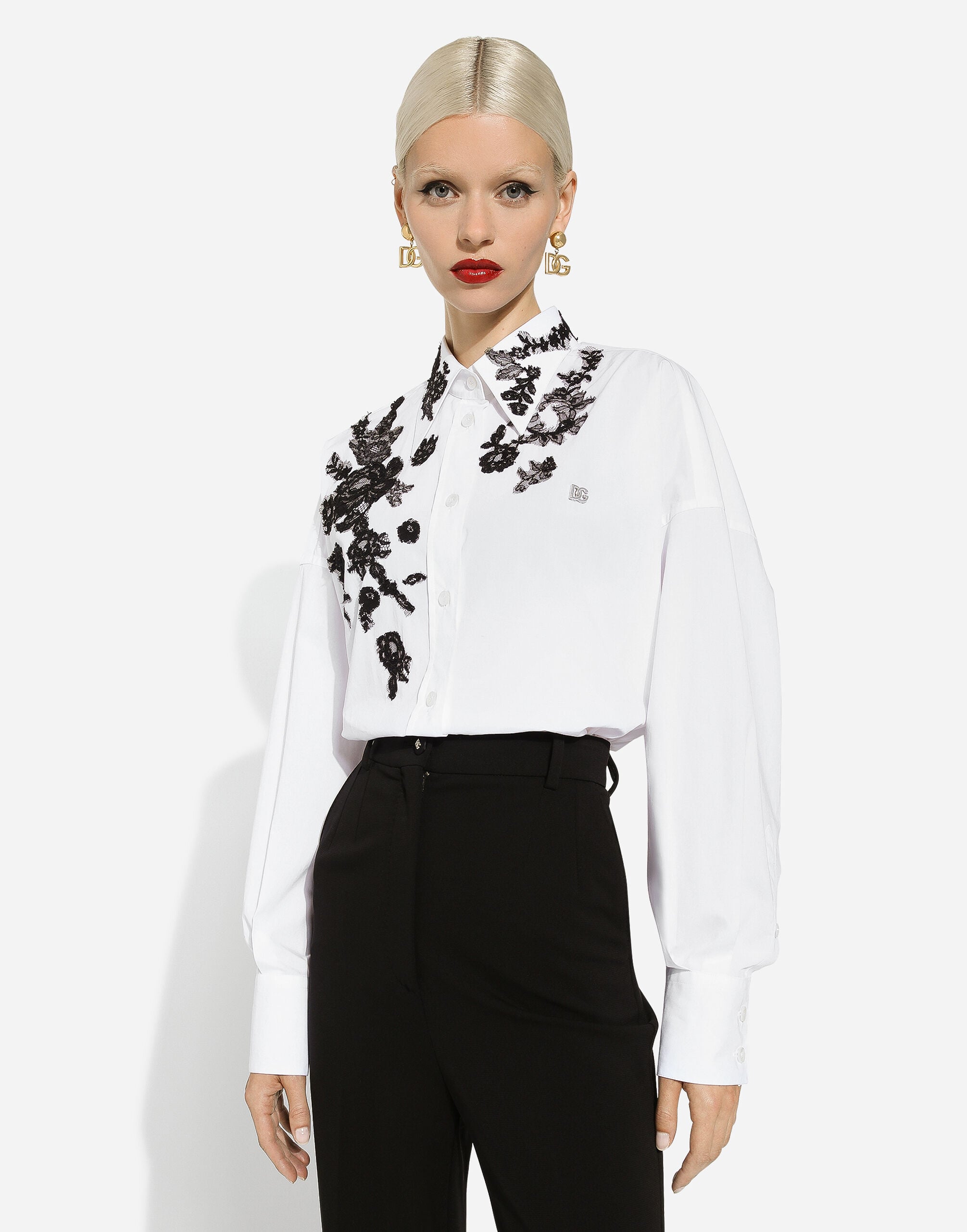 Oversize cotton shirt with lace appliqués in White for Women