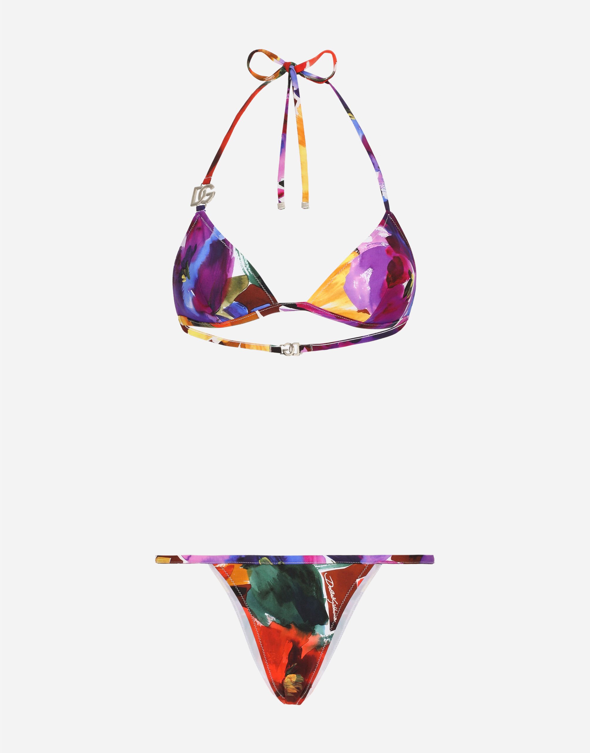 Dolce & Gabbana Triangle bikini with DG logo and abstract flower print Green BB7158AW437