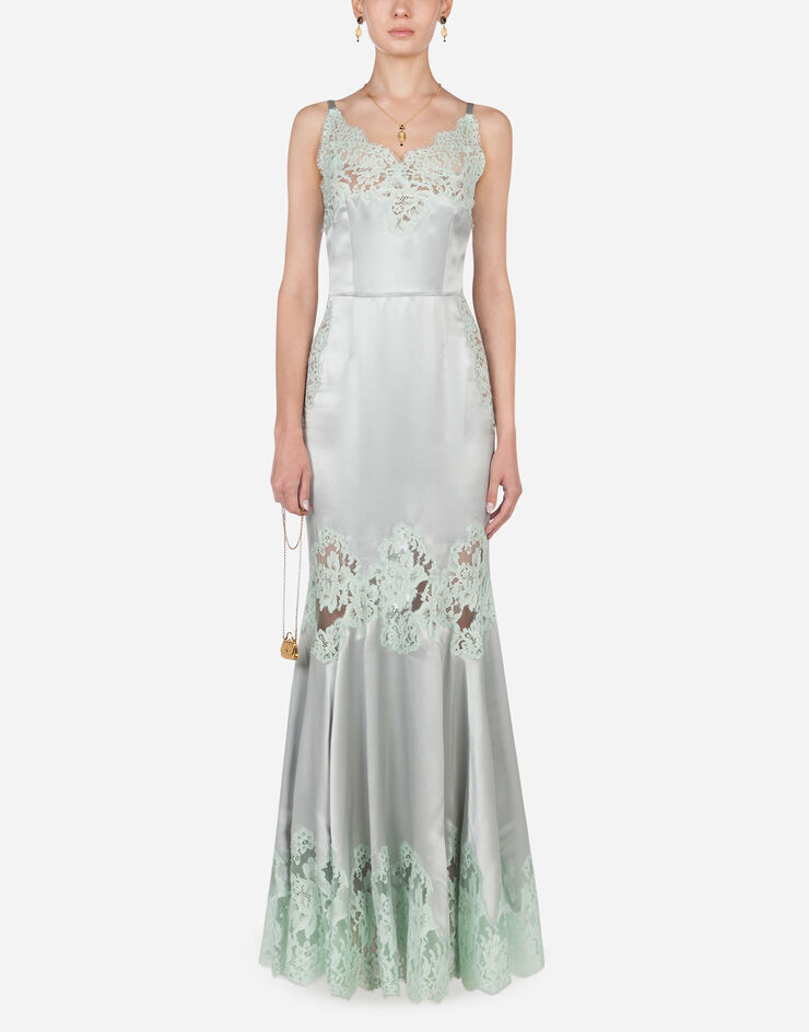 Dolce & Gabbana LONG SILK DRESS WITH LACE EDGINGS WHITE F6G3VTFU1NU