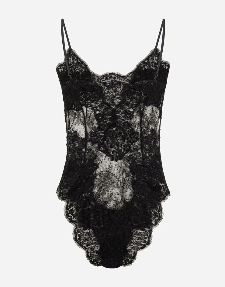Dolce & Gabbana Tief ausgeschnittener Body aus Spitze Schwarz O9A22TONL10