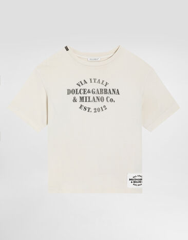Dolce & Gabbana Jersey t-shirt with print and logo patch Cream L4JTHVG7PRJ
