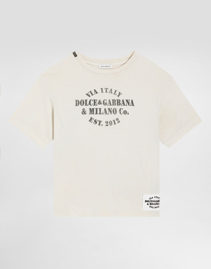 Dolce & Gabbana Jersey t-shirt with print and logo patch Cream L4JTHVG7PRJ