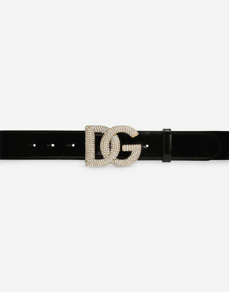 Dolce & Gabbana 크리스털 DG 로고 장식 폴리싱 카프스킨 벨트 블랙 BE1523A1037