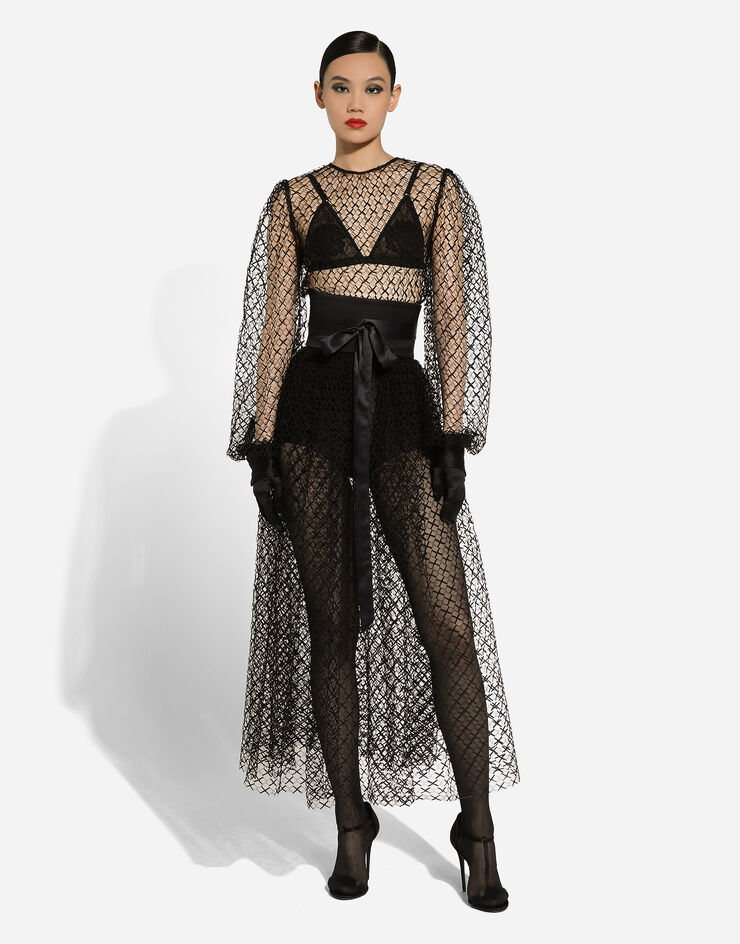 Dolce & Gabbana Longuette-Kleid Netzgewebe mit Gürtel aus Wollkrepp Schwarz F6JOITILMBE