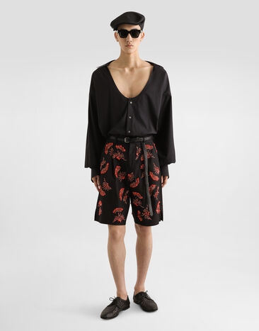 Dolce & Gabbana Cotton twill shorts with coral embroidery Black GP10FZFU6X8