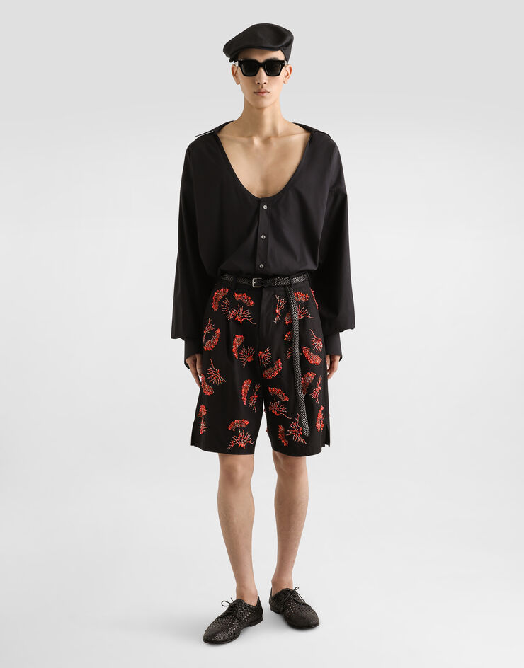 Dolce & Gabbana Bermudas de sarga de algodón con bordado de corales Negro GP10FZFU6X8