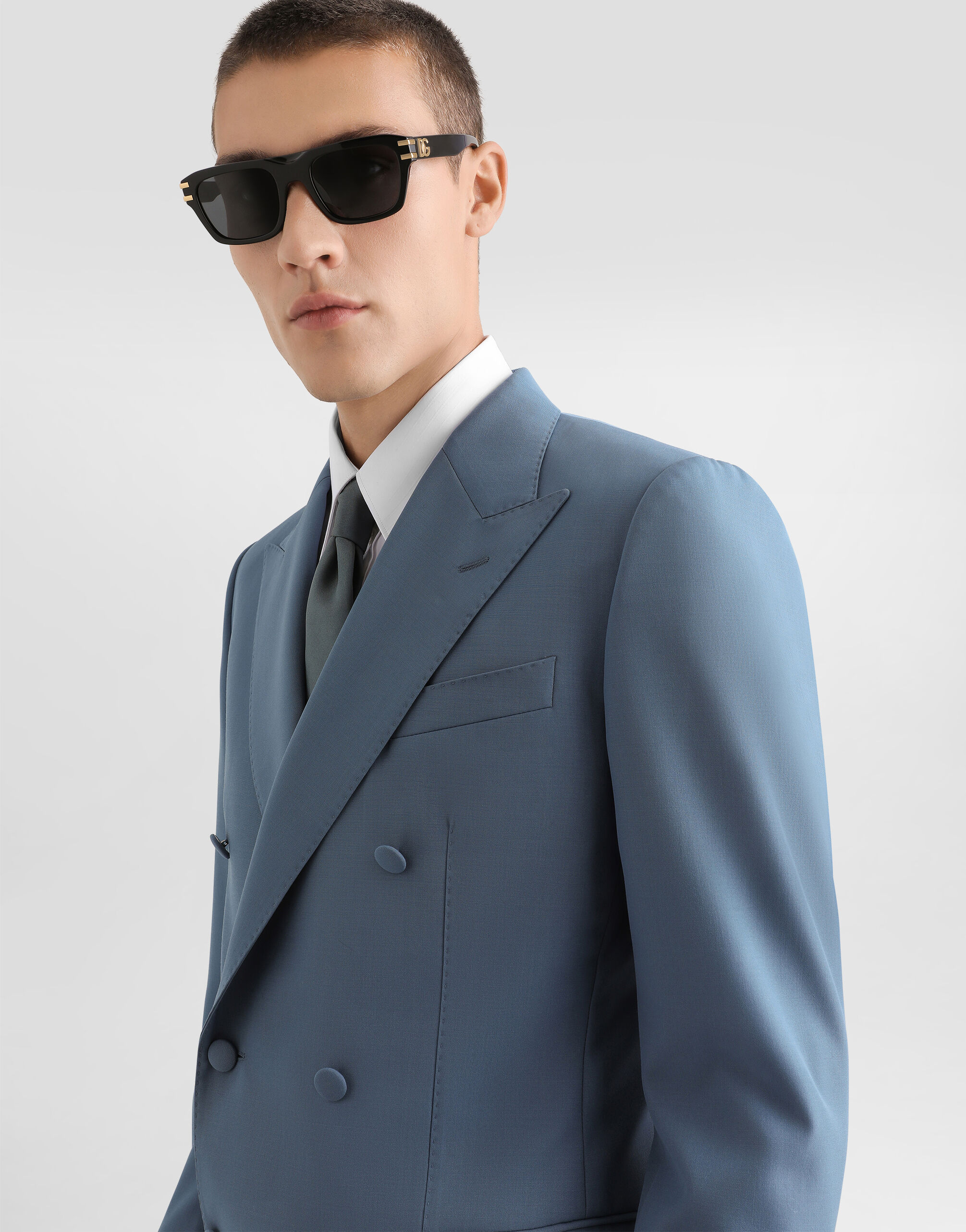 Double-breasted wool poplin jacket in Azure for Men | Dolce&Gabbana®
