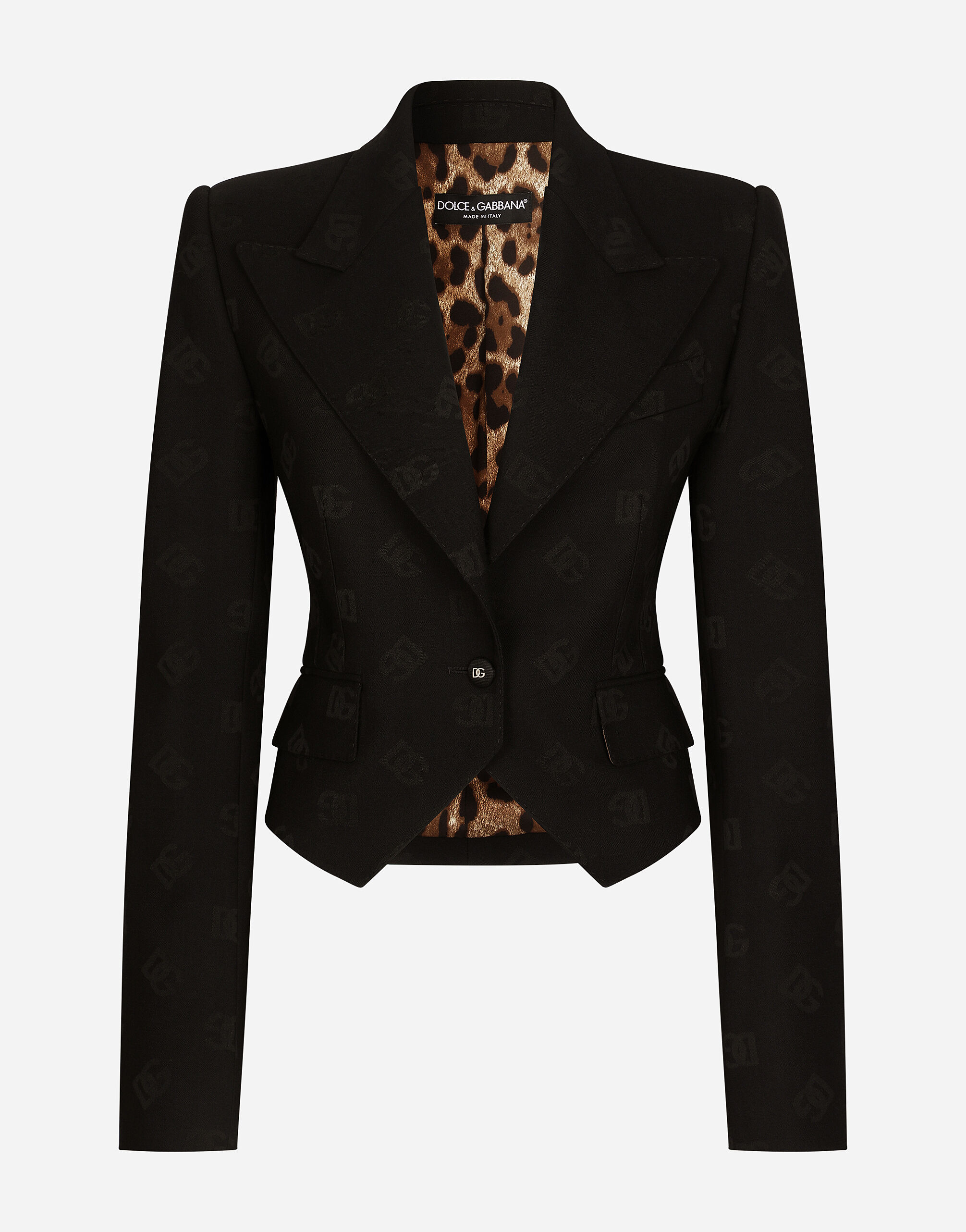 Wool jacquard Spencer jacket with all over DG logo in Black for Women Dolce Gabbana US