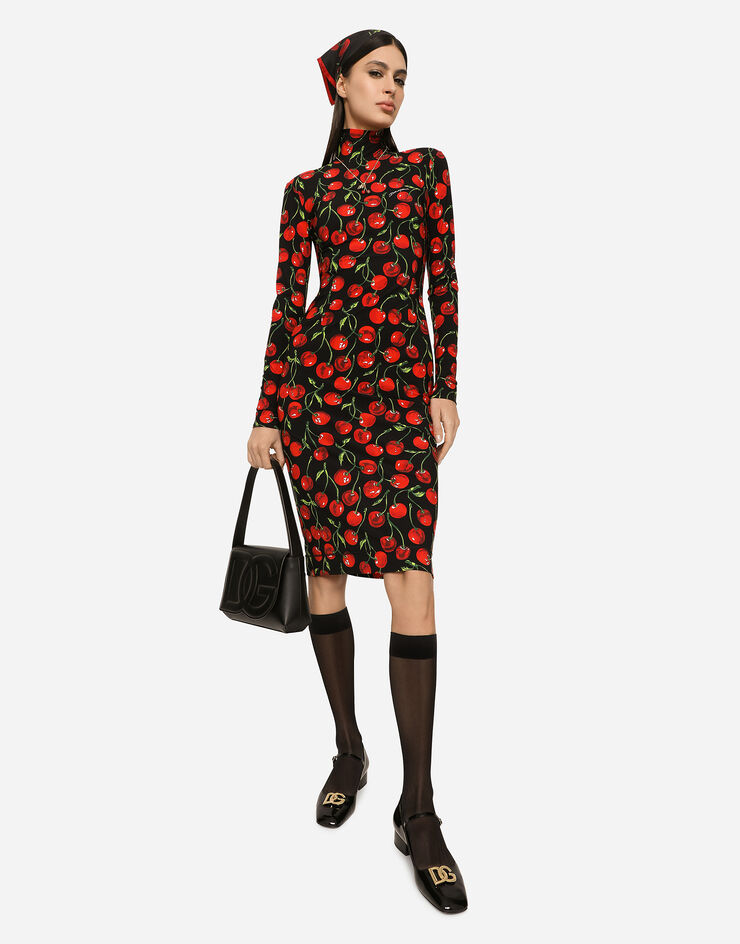 Dolce&Gabbana Long-sleeved jersey midi dress with cherry print Multicolor F6AJMTFSG54