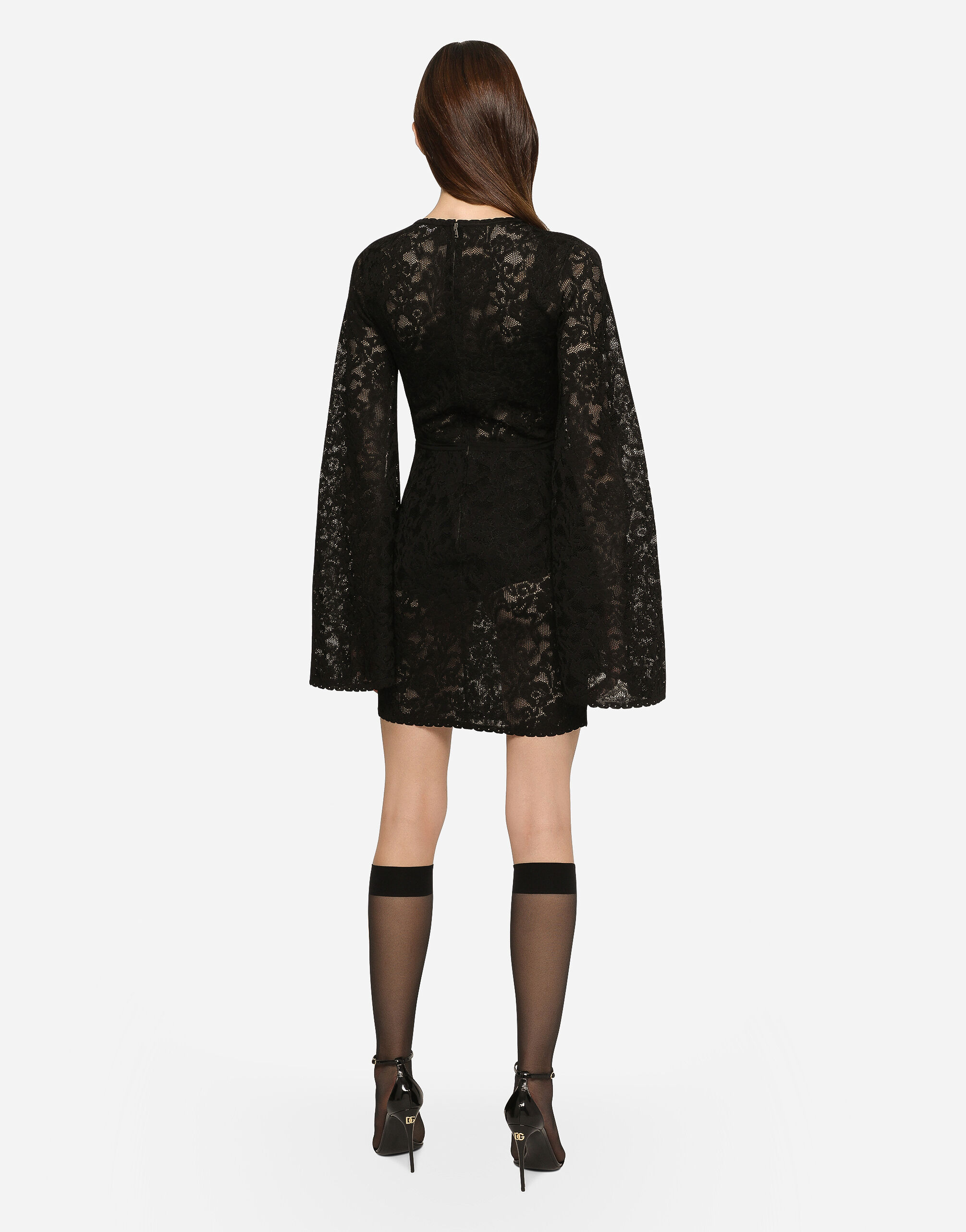 スカート Dolce & Gabbana Milan stitch dress Short lace-stitch dress with full sleeves in Black for Women