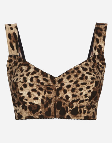Dolce & Gabbana Short bustier top in charmeuse with leopard print White F8T00TGDCBQ
