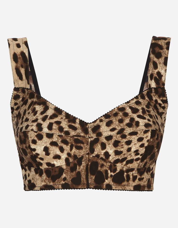 Dolce & Gabbana Kurzes bustier-top aus charmeuse leoprint Mehrfarbig F7Y28TFSADD