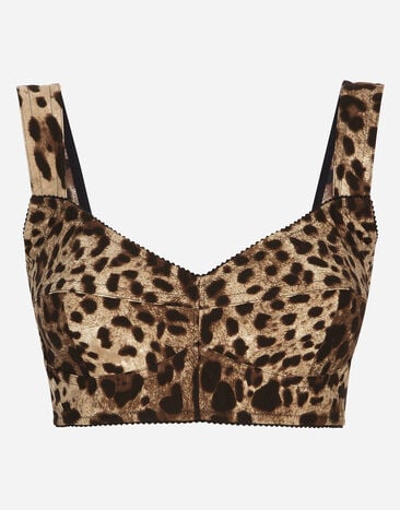 Dolce & Gabbana Short bustier top in charmeuse with leopard print Black F63G8TG9798