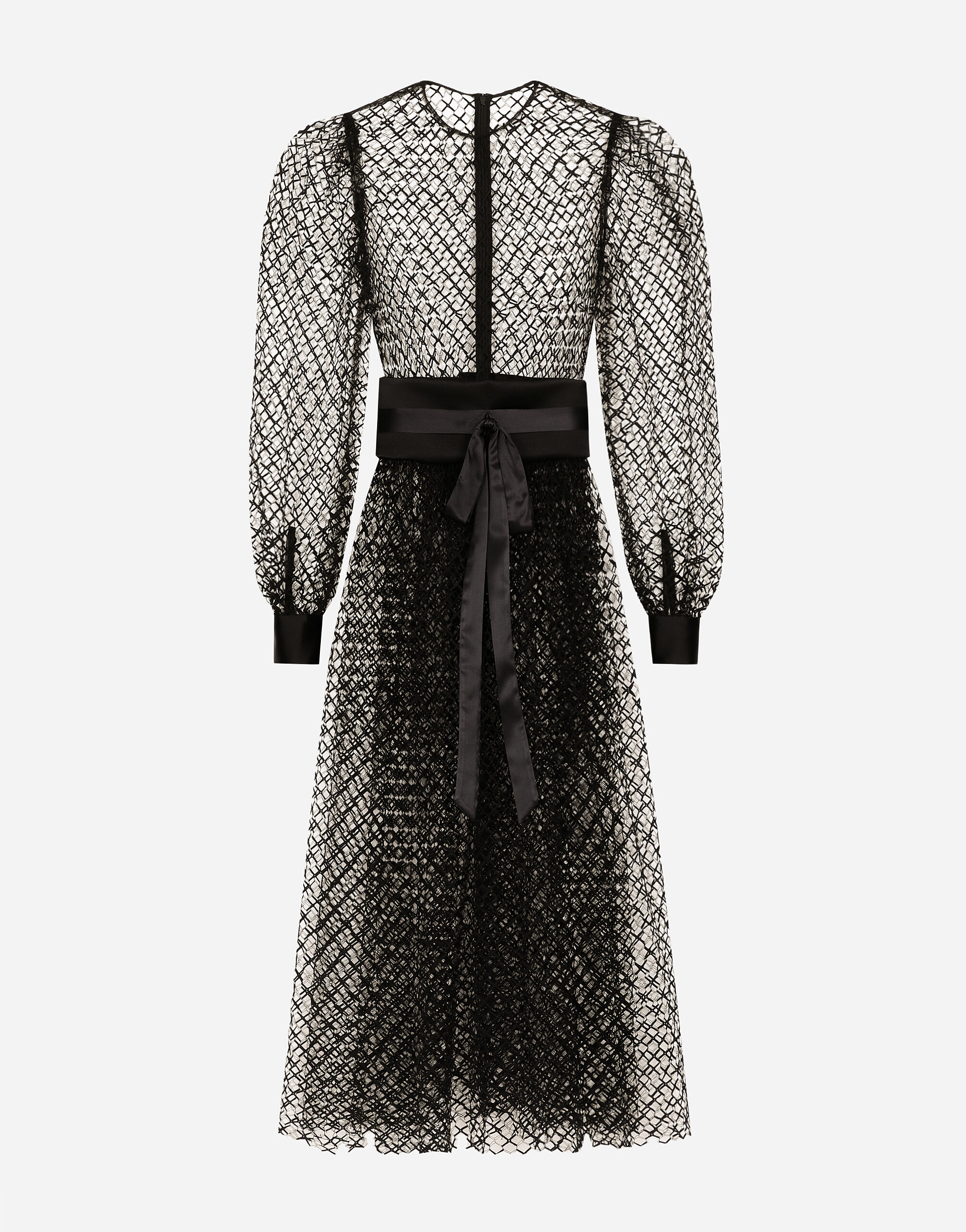 Calf-length mesh dress with wool crepe belt