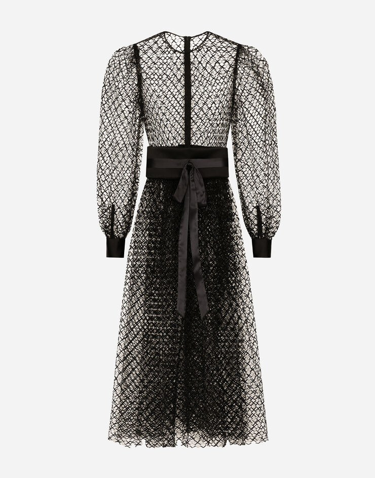 Dolce & Gabbana Longuette-Kleid Netzgewebe mit Gürtel aus Wollkrepp Schwarz F6JOITILMBE