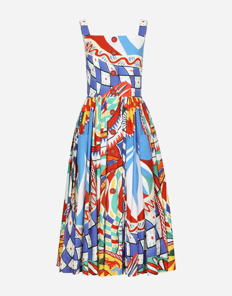 Dolce&Gabbana Vestido longuette de popelina con estampado Carretto Multicolor F6AEATFI5GY