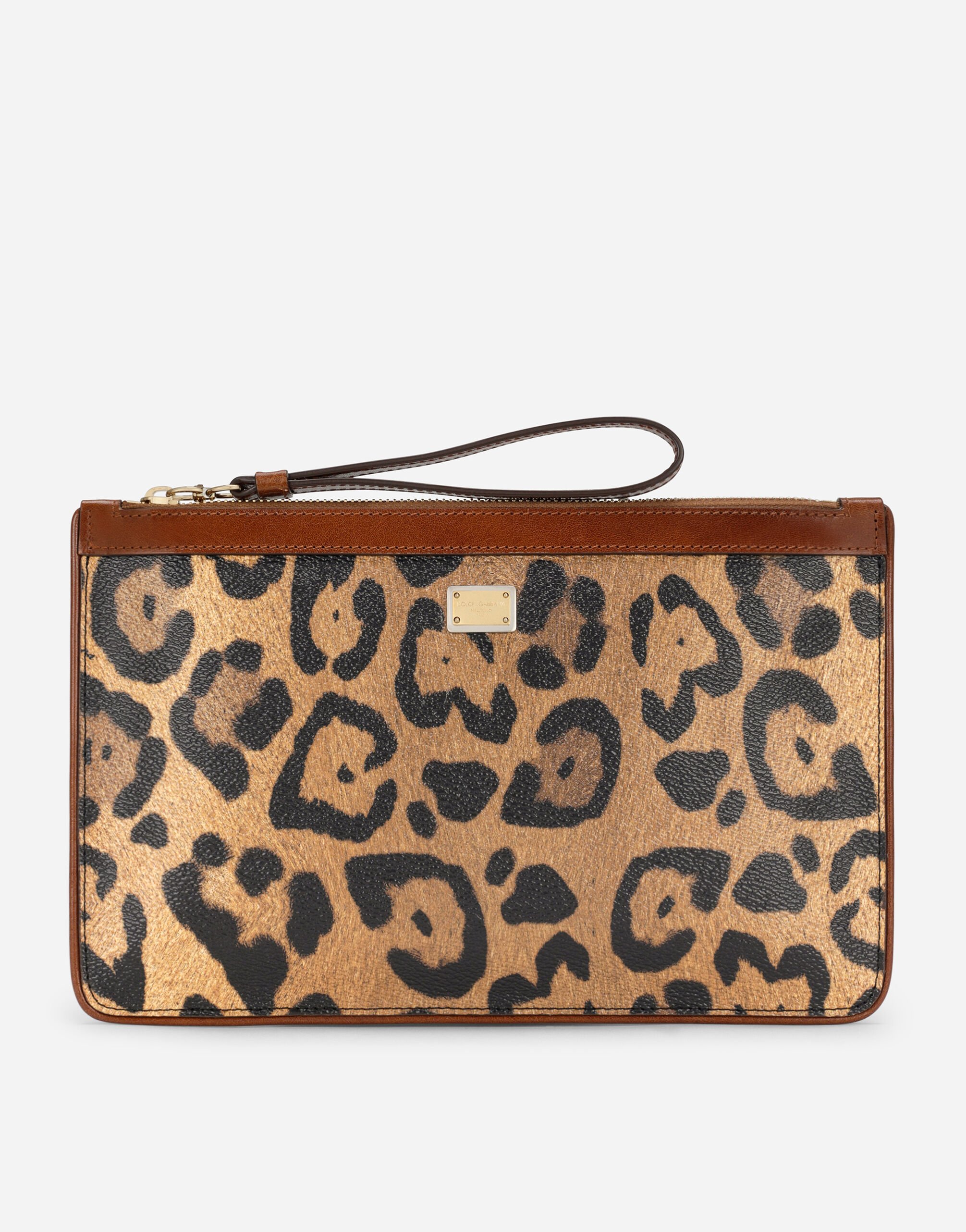 Dolce & Gabbana Flat toiletry bag in leopard-print Crespo with branded plate Black BI0330AW576