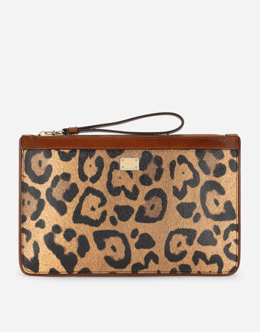 Dolce & Gabbana Flat toiletry bag in leopard-print Crespo with branded plate Multicolor BB6933AW384