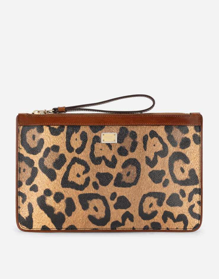 Dolce & Gabbana Flat toiletry bag in leopard-print Crespo with branded plate Multicolor BI1443AW384