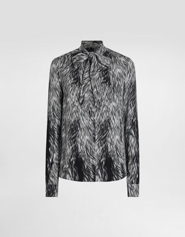 Dolce & Gabbana Fur-print charmeuse shirt with pussy-bow Grey F5T19TFSA71