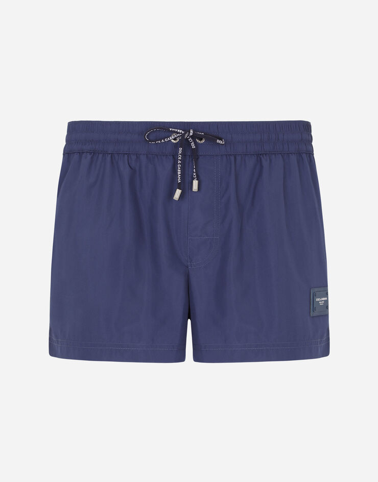 Dolce & Gabbana Boxer da mare corto con placchetta logata Blu M4B11TFUSFW