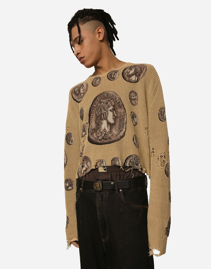Dolce&Gabbana Coin print crew neck linen sweater Beige GXO75TJAHJL