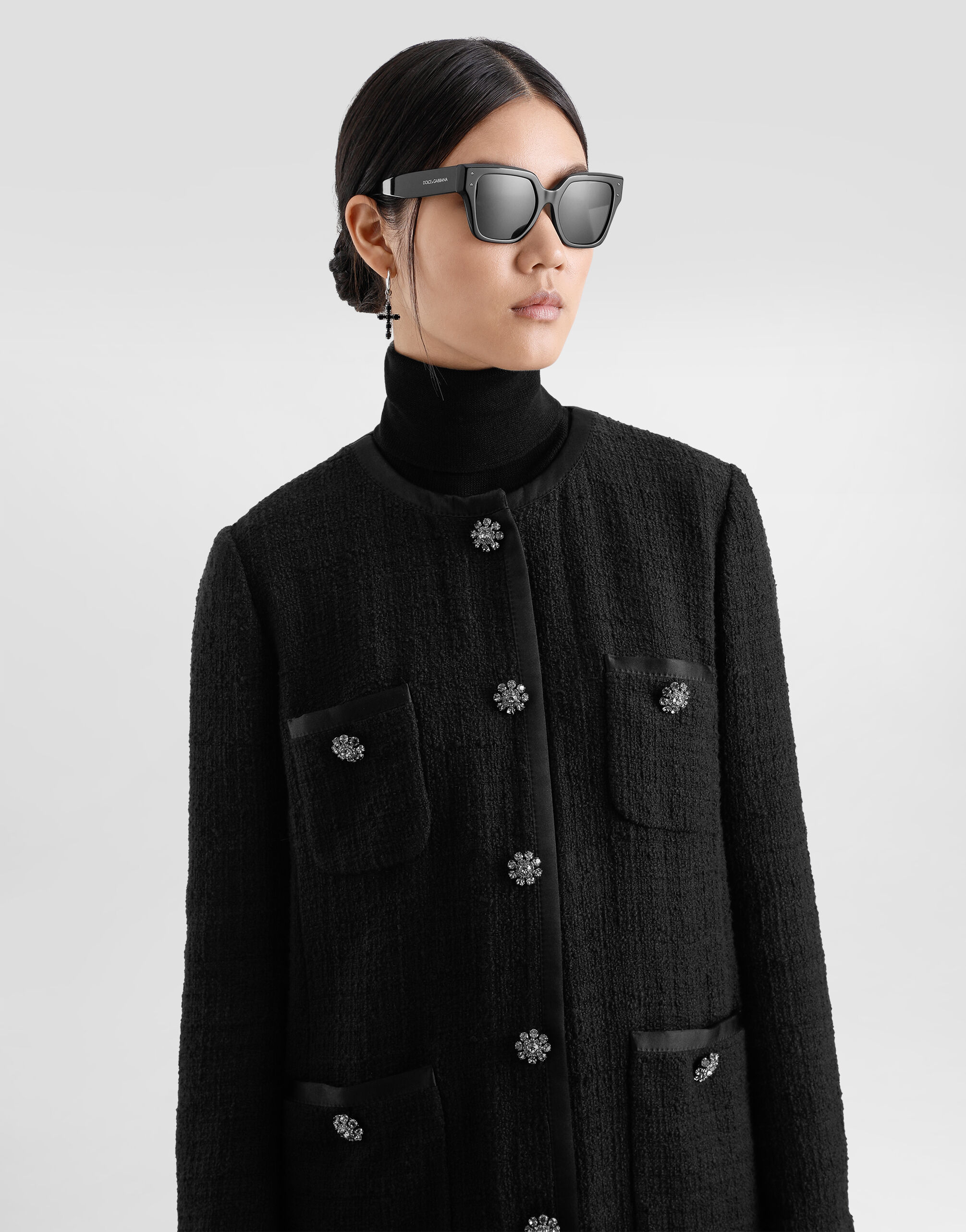 Single-breasted raschel tweed coat in Black for Women