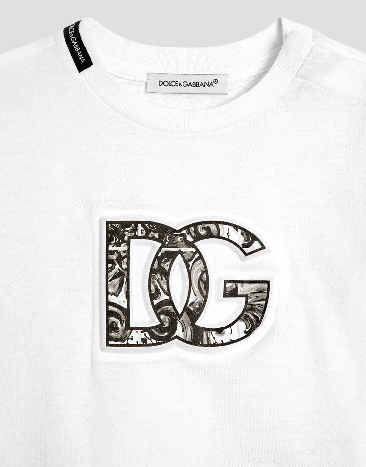 Dolce & Gabbana Camiseta de manga corta de punto con logotipo DG con estampado de mayólica en relieve Blanco L1JTEYG7NVC