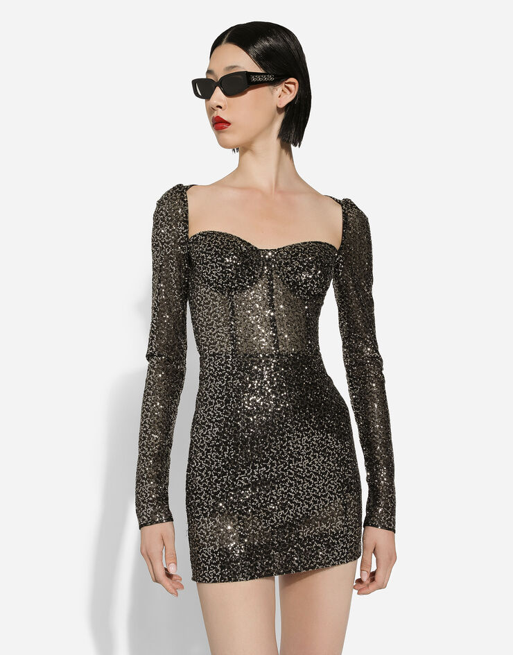 Dolce & Gabbana فستان كورسيه قصير بأكمام قصيرة وترتر أسود F6DGATFLSFG