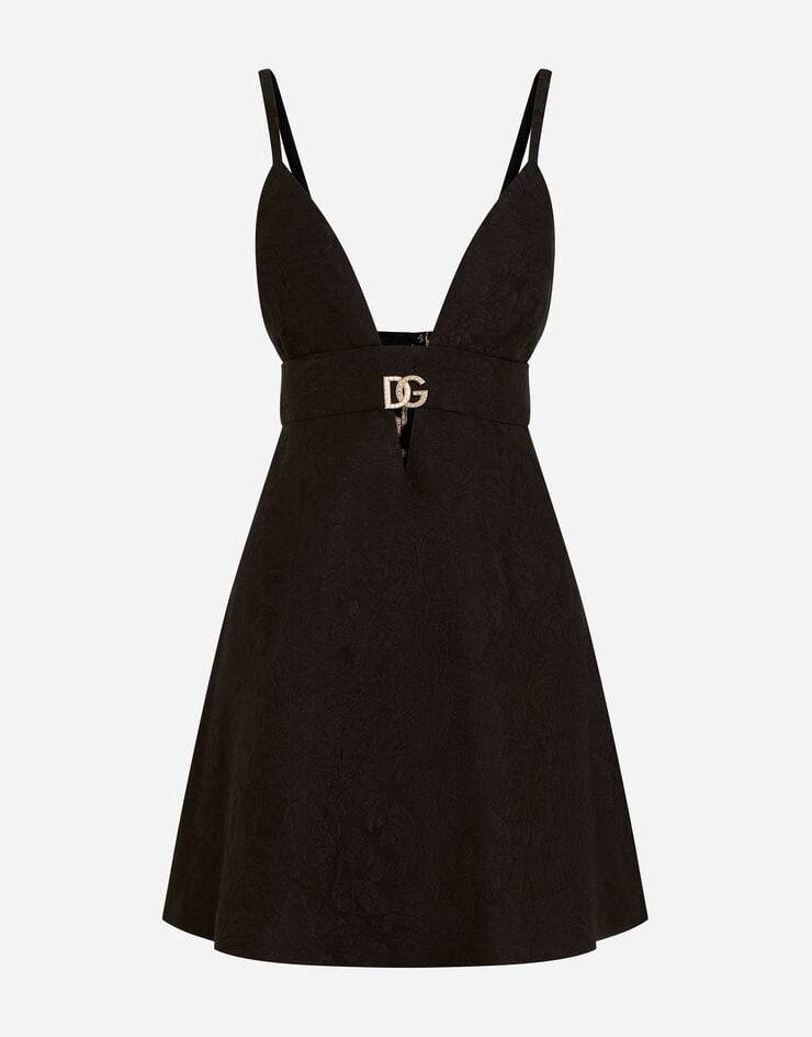 Dolce & Gabbana Vestido corto en jacquard con logotipo DG de cristales Black F6R0GZFJRDQ