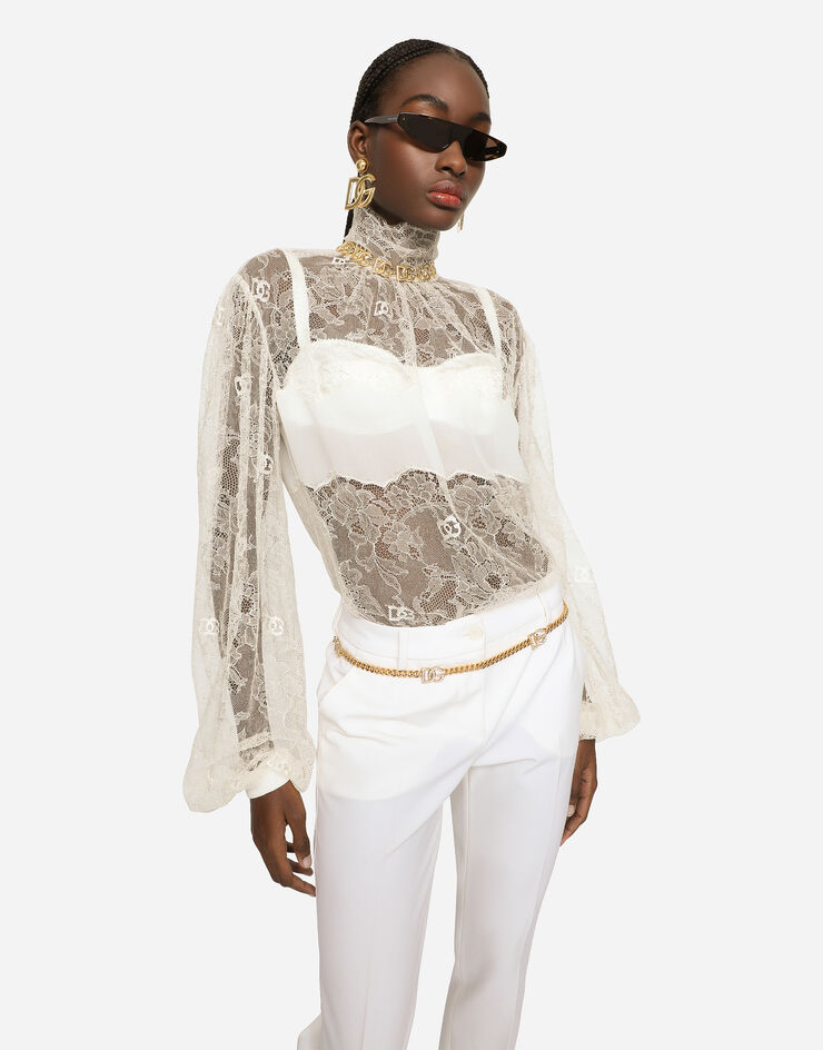 Dolce&Gabbana Bluse mit hohem Kragen aus floraler Spitze Weiss F779MTFL9AC