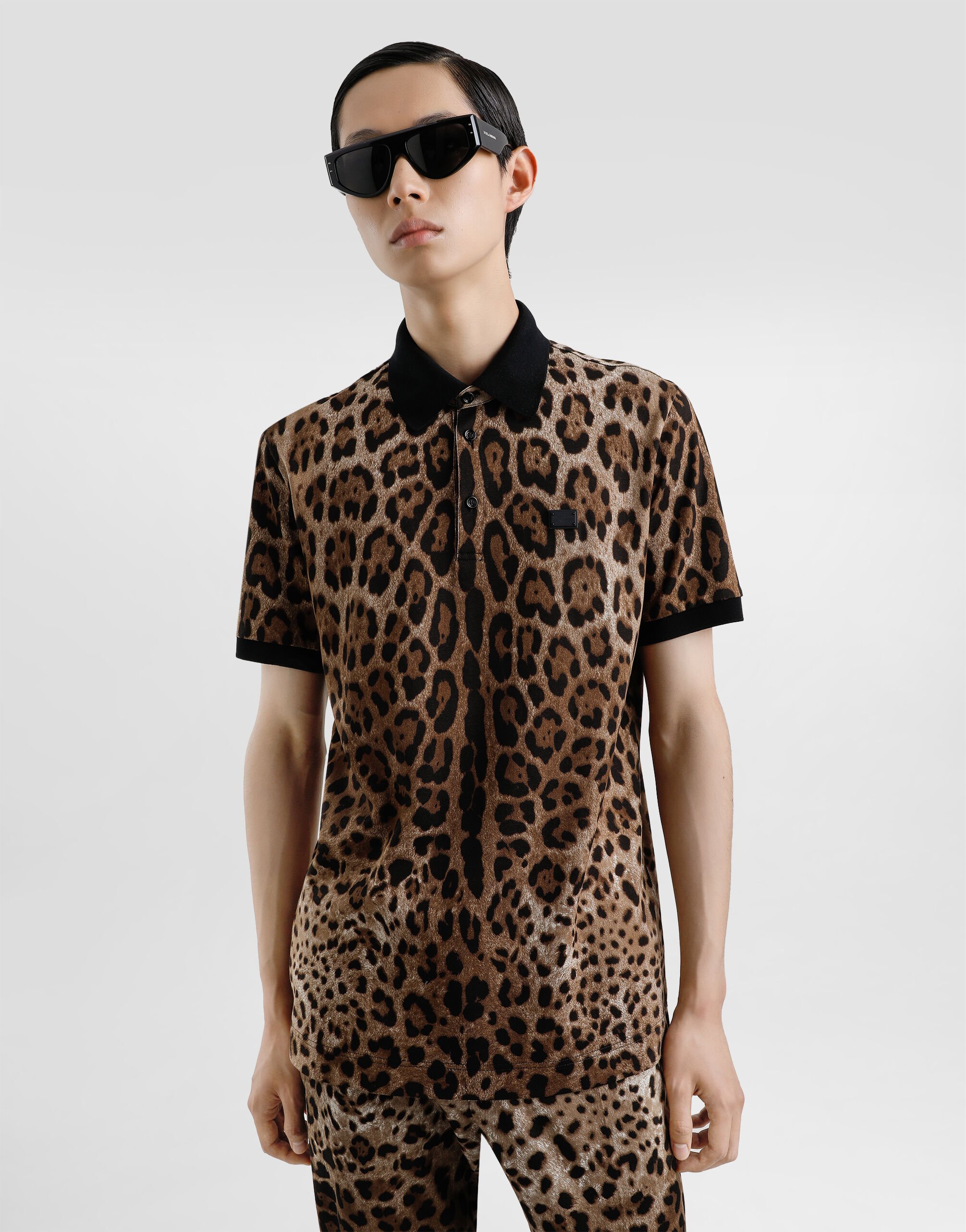 Cotton polo-shirt with leopard print in Print for Men