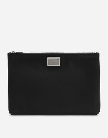 Dolce & Gabbana حقيبة باوتش متوسطة من نايلون وجلد عجل محبب أسود BM2276AG218